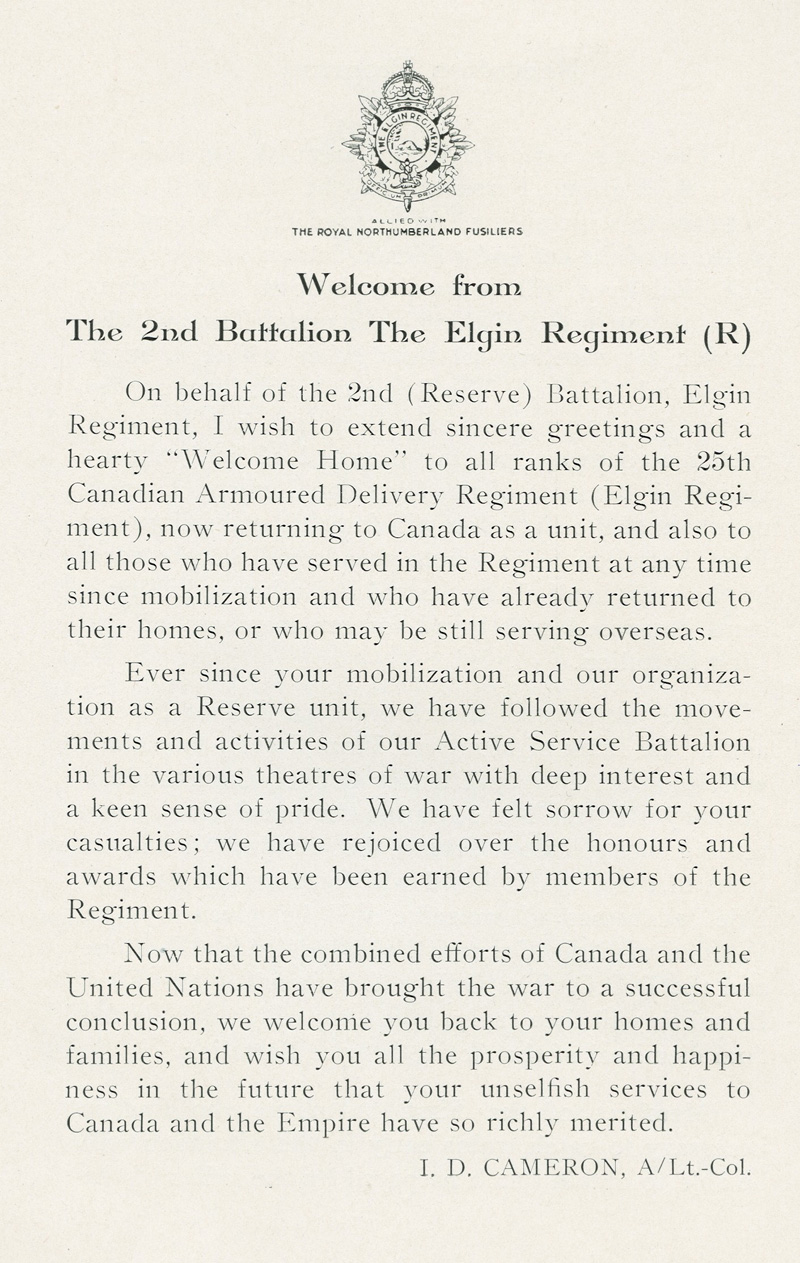 Elgin Regiment Repatriation Reception, January, 1946 - Welcome from the 2nd Battalion The Elgin Regiment